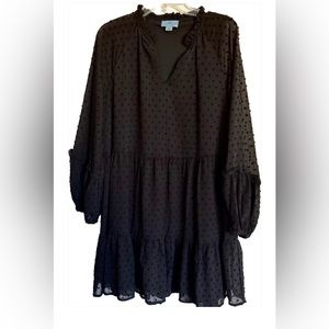 CeCe black dress long sleeve tiered Clip-dot large NWOT